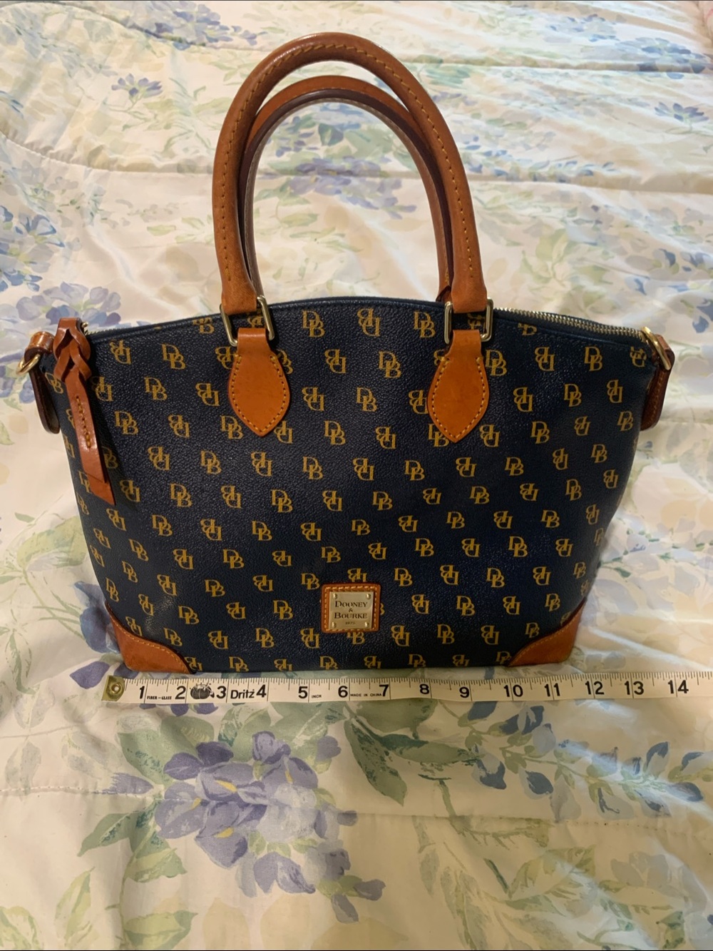 Dooney & Bourke Navy Logo Satchel with Tan Leather Trim